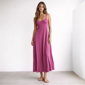 Magenta Ribbed Maxi Slip Dress Scoop Neck Spaghetti Straps